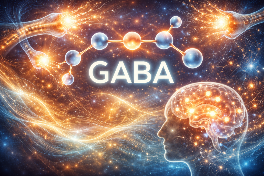 Le GABA est un neurotransmetteur inhibiteur du cerveau qui régule l’activité nerveuse, favorise le calme mental, la stabilité émotionnelle et l’équilibre du système nerveux.