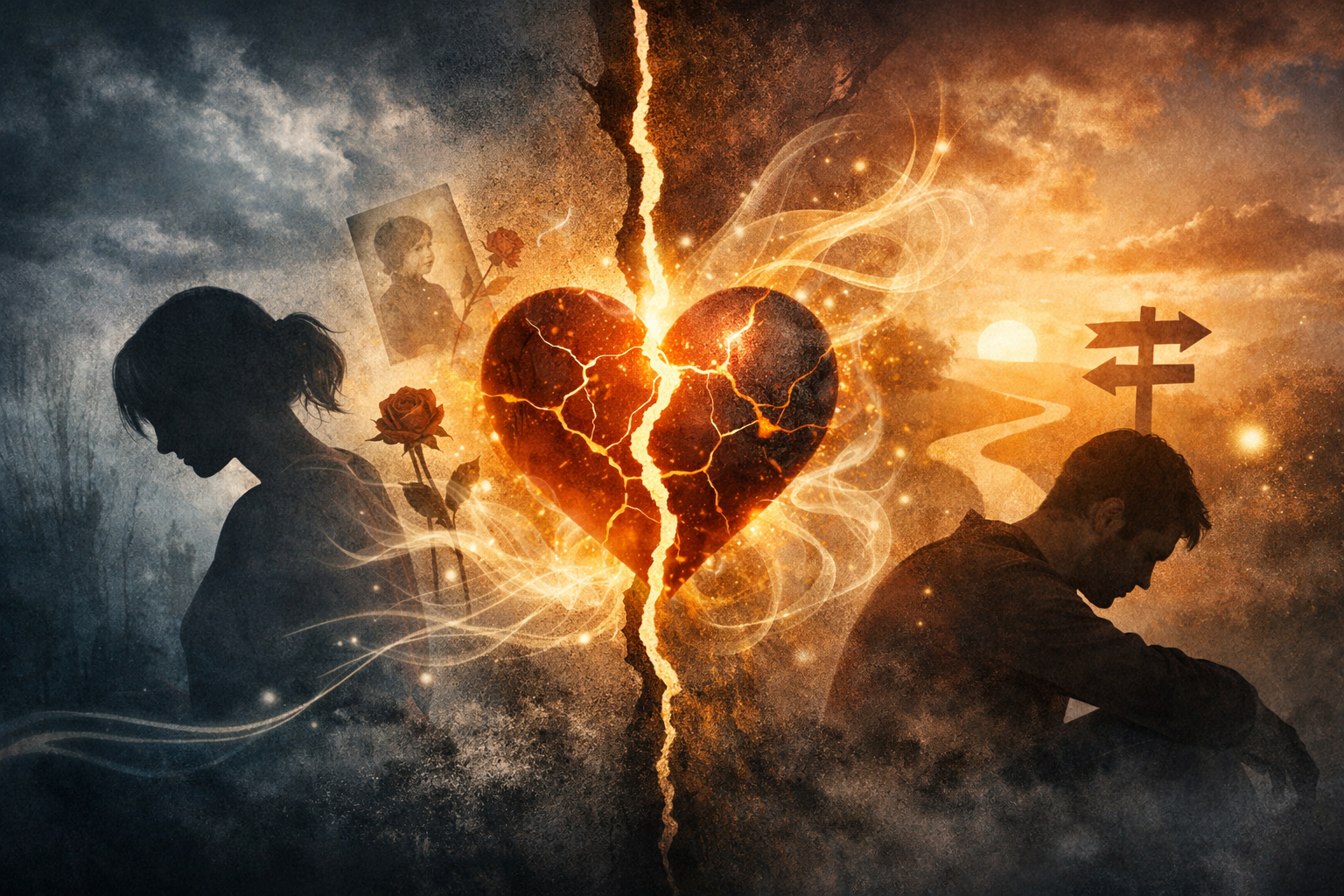 Illustration représentant l’impact des traumatismes émotionnels sur la prise de décision amoureuse, entre mémoire émotionnelle et régulation intérieure