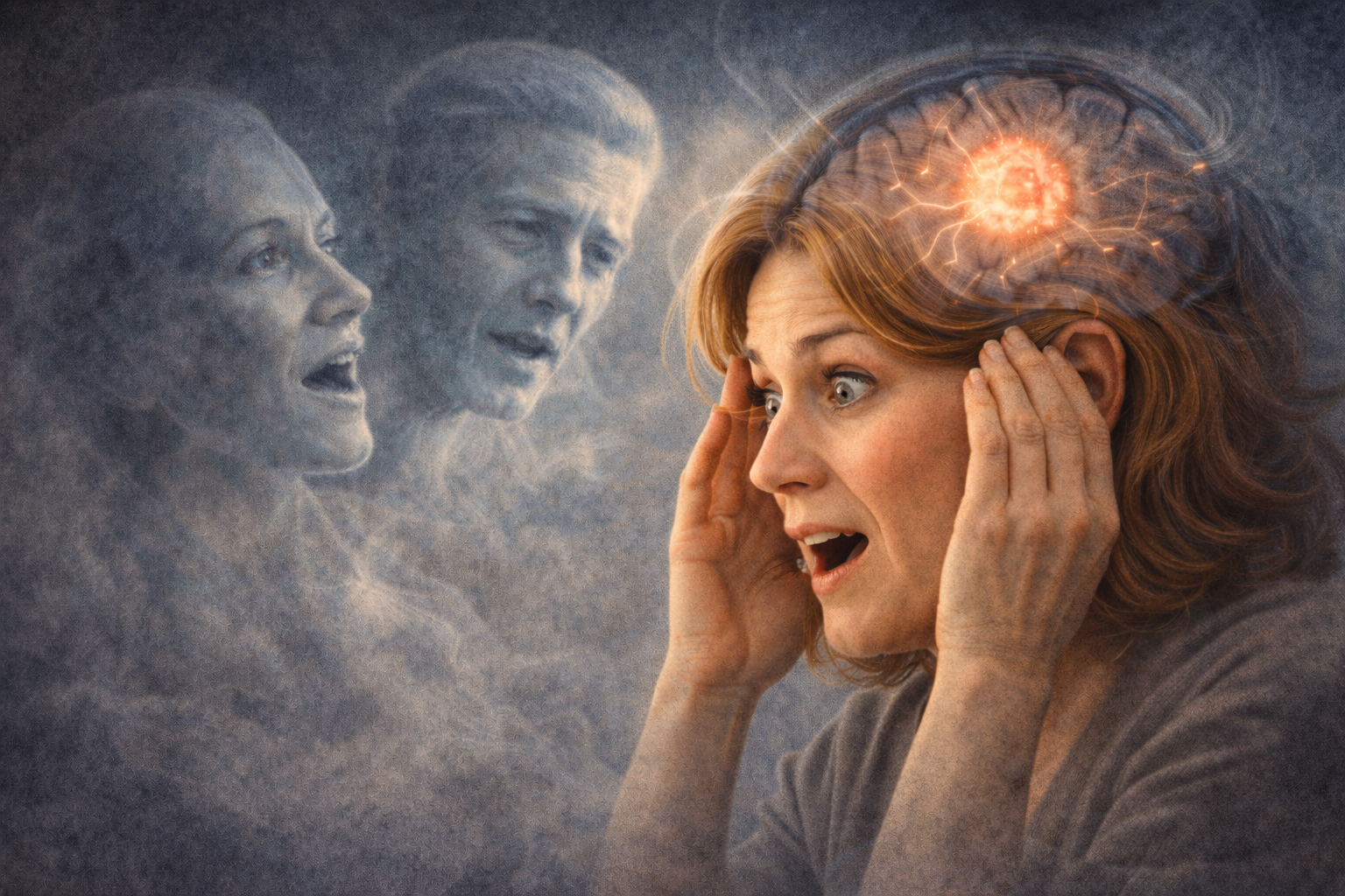 Illustration d’une femme surprise par des voix intérieures, symbolisant une expérience de conscience inhabituelle liée à un diagnostic médical